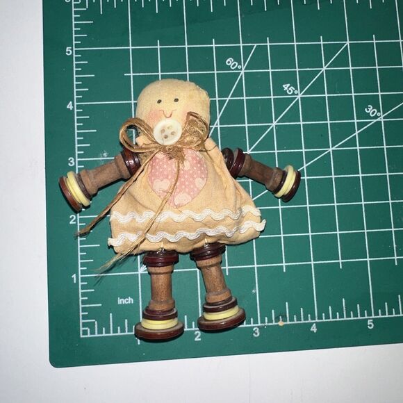 Vintage Stuffed Fabric Girl Decor Magnet Made With Buttons Heart 4 Inches Tall - Picture 4 of 5